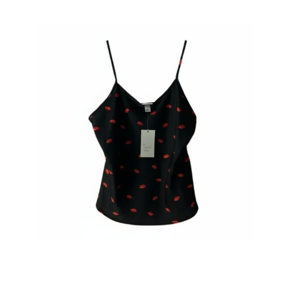 A New Day Black Camisole w Red Lips Women’s Medium Satin Cami Top NWT - Picture 2 of 4